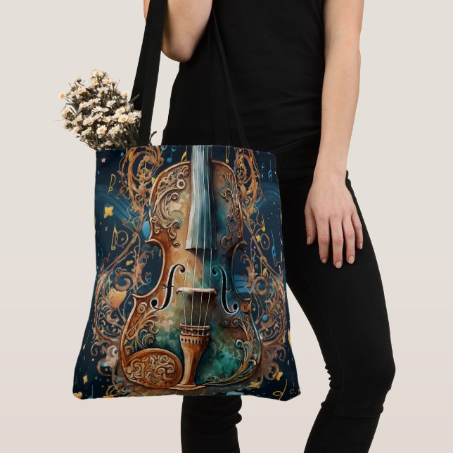 Cosmic Blue and Gold Violin Large Tote Bag (Close Up)