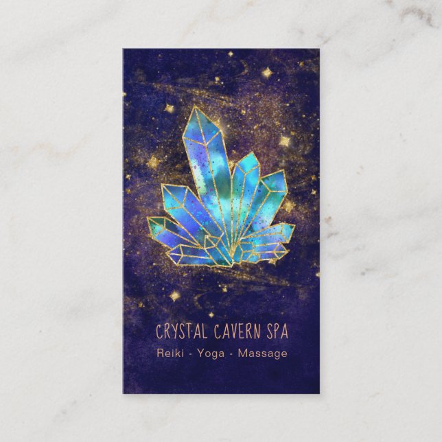 *~* Cosmic Blue Crystals Gold Glitter Stars Business Card (Front)
