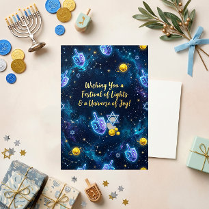 Cosmic Blue Galaxy Hanukkah Dreidel Holiday Card