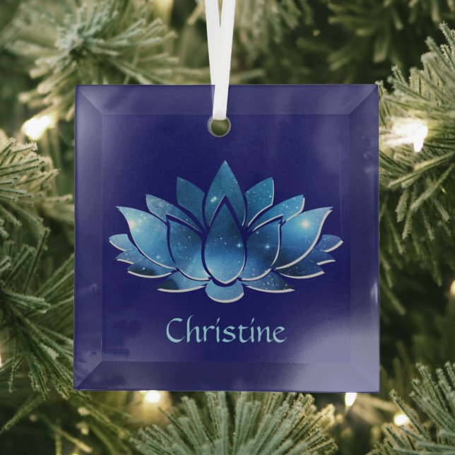 Cosmic Blue Galaxy Lotus Flower with Name Glass Tree Decoration (Insitu)