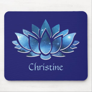 Cosmic Blue Galaxy Lotus Flower with Name Mouse Mat