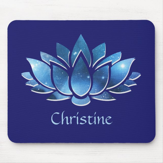 Cosmic Blue Galaxy Lotus Flower with Name Mouse Mat (Front)