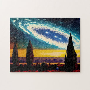 Cosmic Blue Galaxy Over Yellow Sky From Planet Jigsaw Puzzle