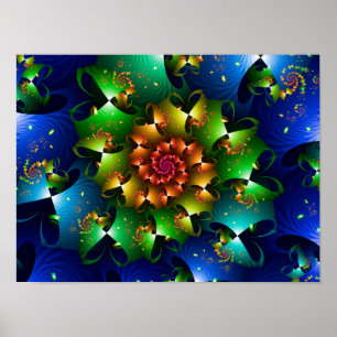 Cosmic Blue Lime Starburst Floral Fractal Poster