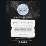 Cosmic Blue Moon Yoga, Life Coach, Astrologer Flyer<br><div class="desc">A watercolor illustration of a blue moon is surrounded by a sky of stars on this black and white flyer design by 1201AM. Your name or business name is centred on the moon for a unique logo. The double-sided flyer provides plenty of space on the backside to promote your classes,...</div>
