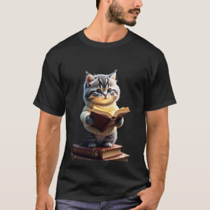 Cosmic Bookworm Cat Reading in Space T-Shirt