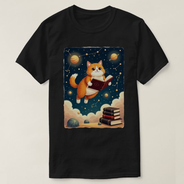 Cosmic Bookworm Cat Space Reading Sticker Tshirt (Design Front)