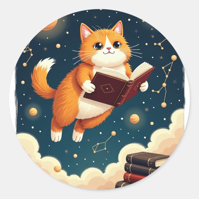 Cosmic Bookworm Cat Space Reading Sticker Tshirt (Front)