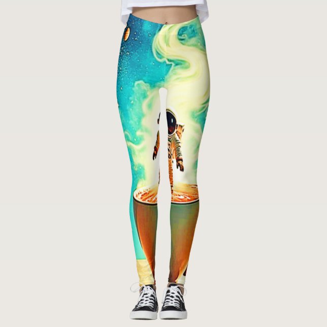 Cosmic Brew: Astronaut's Coffee Dream Leggings (Front)