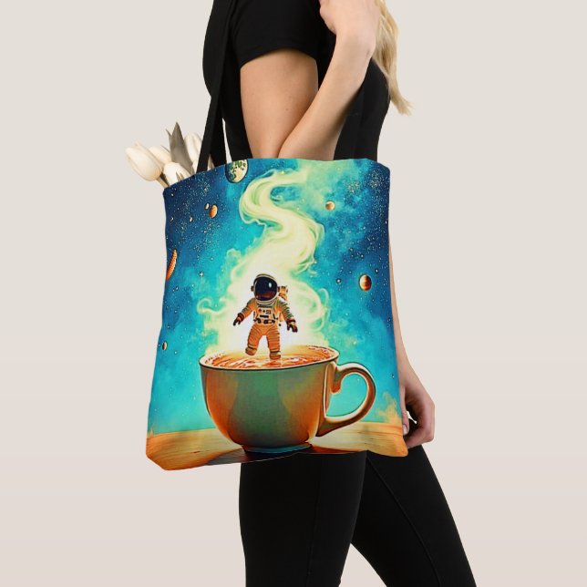 Cosmic Brew: Astronaut's Coffee Dream Tote Bag (Close Up)