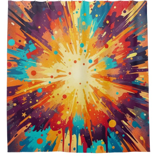 Cosmic Burst Abstract Splatter Art Shower Curtain (Front)