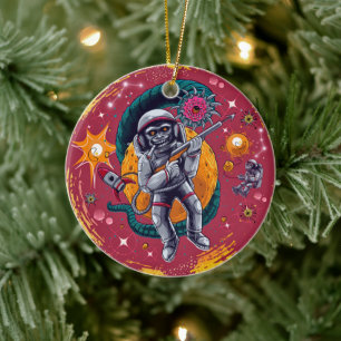 Cosmic Capers: Monkeying Around in Retro Space Ceramic Tree Decoration