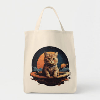 Cosmic Cat Adventure: Saturn-Themed Tote Bag