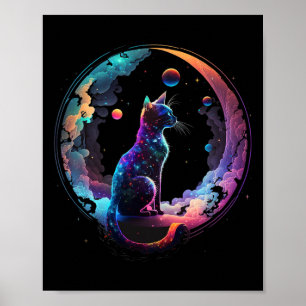 Cosmic Cat Cool Colourful Crescent Moon And Clouds Poster