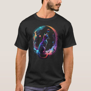 Cosmic Cat Cool Colourful Crescent Moon and Clouds T-Shirt