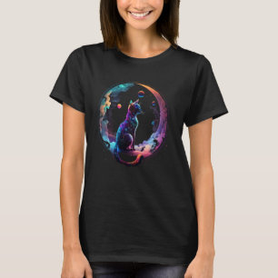 Cosmic Cat Cool Colourful Crescent Moon and Clouds T-Shirt