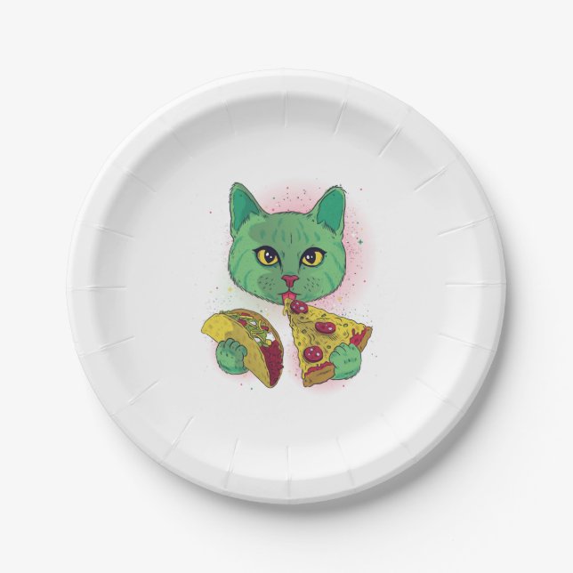 Cosmic Cat eating Pizza and Taco Paper Plate (Front)