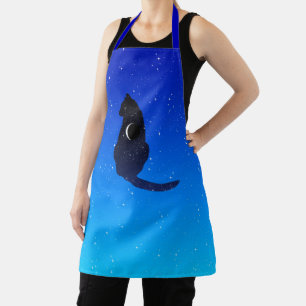 Cosmic Cat in Stars and Crescent Moon Pattern Apron