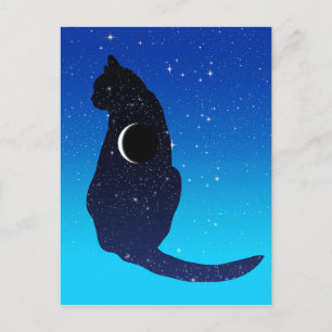Cosmic Cat in Stars and Crescent Moon Pattern Postcard