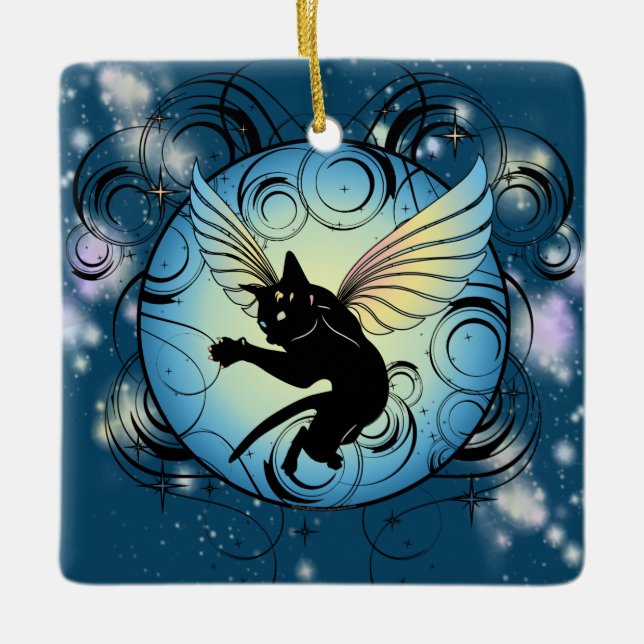 Cosmic Cat Moon and Stars Ceramic Tree Decoration (Front)