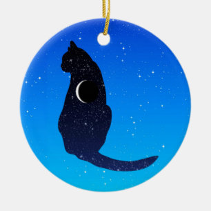Cosmic Cat on a Starry Sky Background Ceramic Tree Decoration