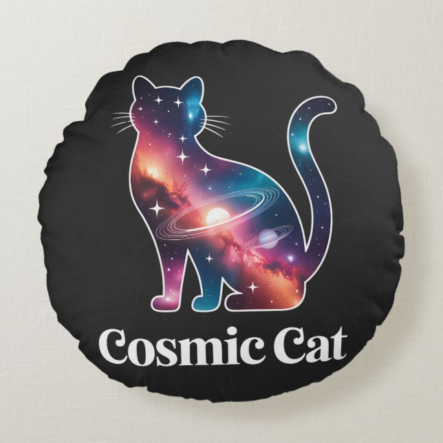 Cosmic Cat Silhouette Galaxy Space Stars Celestial Round Cushion (Front)