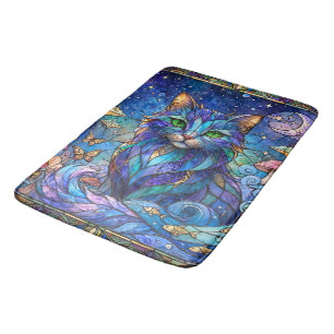 Cosmic Cat Stained Glass Surreal Blue Green Eyes Bath Mat