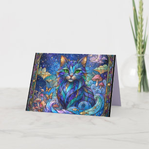 Cosmic Cat Stained Glass Surreal Blue Green Eyes Card