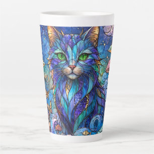 Cosmic Cat Stained Glass Surreal Blue Green Eyes Latte Mug