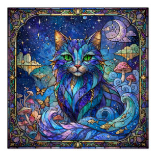 Cosmic Cat Stained Glass Surreal Blue Green Eyes Poster