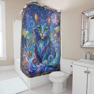 Cosmic Cat Stained Glass Surreal Blue Green Eyes Shower Curtain