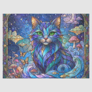 Cosmic Cat Stained Glass Surreal Blue Green Eyes Tissue Paper