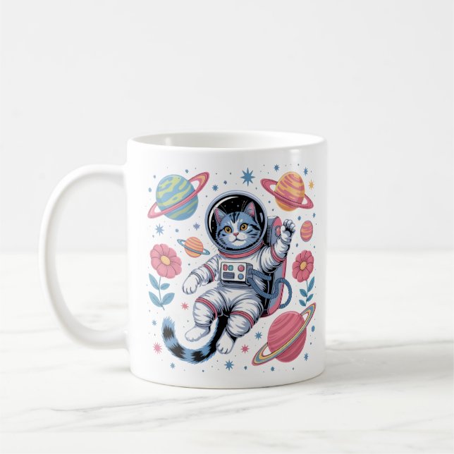 Cosmic Catstronaut in Neon Space Vaporwave Coffee Mug (Left)