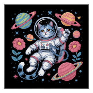 Cosmic Catstronaut in Neon Space Vaporwave Poster