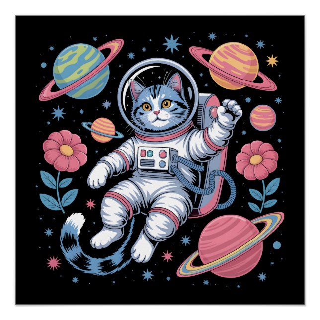 Cosmic Catstronaut in Neon Space Vaporwave Poster (Front)