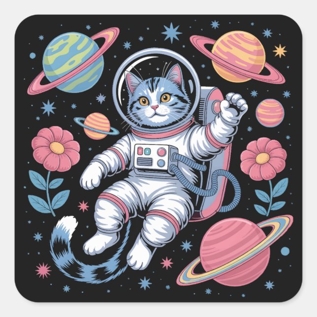 Cosmic Catstronaut in Neon Space Vaporwave Square Sticker (Front)