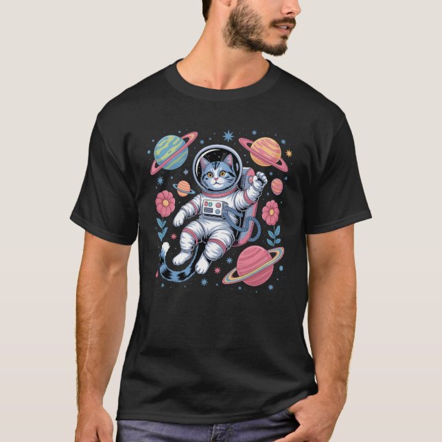 Cosmic Catstronaut in Neon Space Vaporwave T-Shirt (Front)