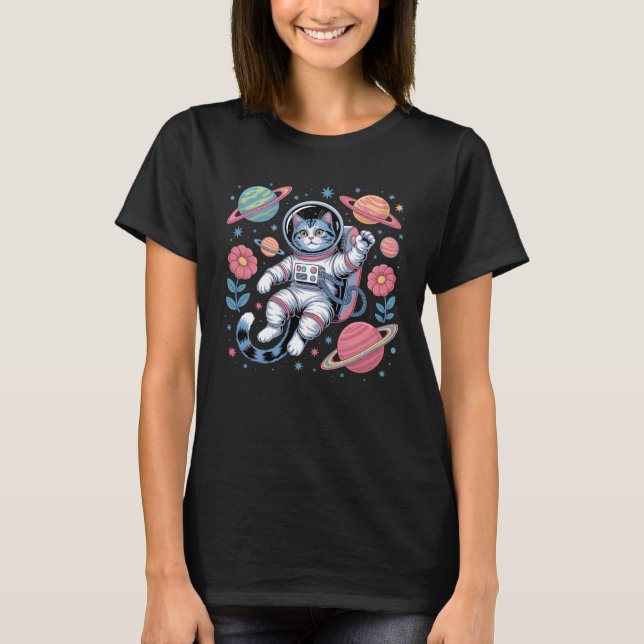 Cosmic Catstronaut in Neon Space Vaporwave T-Shirt (Front)