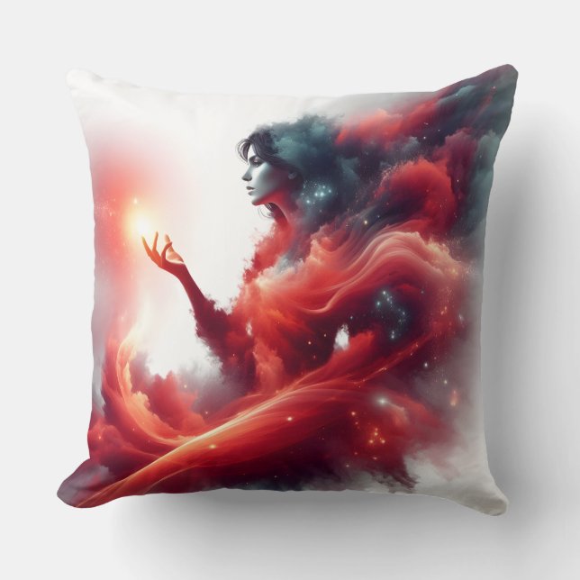 Cosmic Celestial Goddess Abstract Red Cloud Galaxy Cushion (Front)