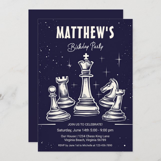 Cosmic Chess-Themed Modern Stary Birthday Party Invitation (Front/Back)