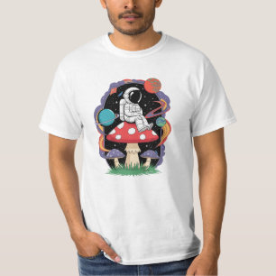 Cosmic Chill – Astronaut Sitting on Mushroom Psych T-Shirt