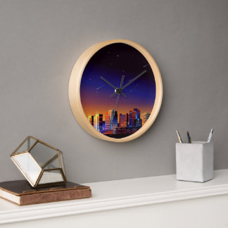 "Cosmic Cityscape Wall Clock - Vibrant Night Skyli