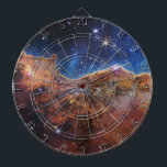 Cosmic Cliffs Carina Nebula Space Webb Telescope  Dartboard<br><div class="desc">In the heart of the Carina Nebula, 7, 600 light-years away, lies a scene of breathtaking cosmic violence. Here, the edge of a gigantic gaseous cavity rears up like a monstrous wall, its surface sculpted into a fantastical landscape of peaks and valleys. These are the aptly named "Cosmic Cliffs, "...</div>