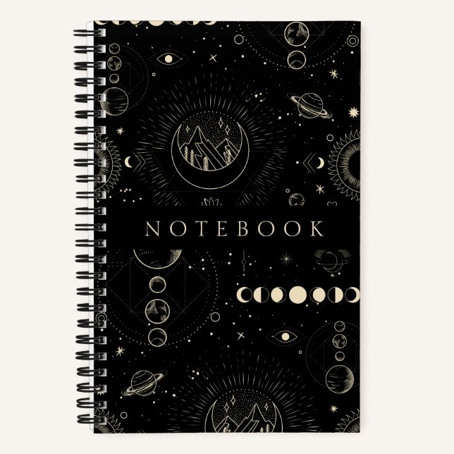 Cosmic Cool Black Notebook with Moons and Stars (Front)