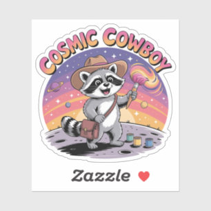Cosmic Cowboy Racoon Painting a Sunset Moon