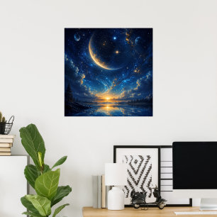 Cosmic Crescent Moon Fantasy Landscape — Blue Gold Poster