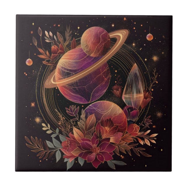 Cosmic Crystal Ringed Planet Fantasy Art (2) Tile (Front)