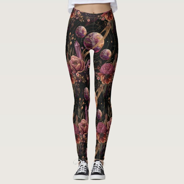 Cosmic Crystal Ringed Planet Fantasy Art Leggings (Front)
