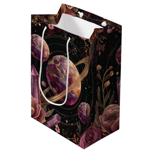 Cosmic Crystal Ringed Planet Fantasy Art Medium Gift Bag (Front Angled)