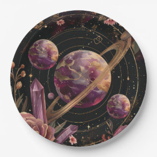 Cosmic Crystal Ringed Planet Fantasy Art Paper Plate